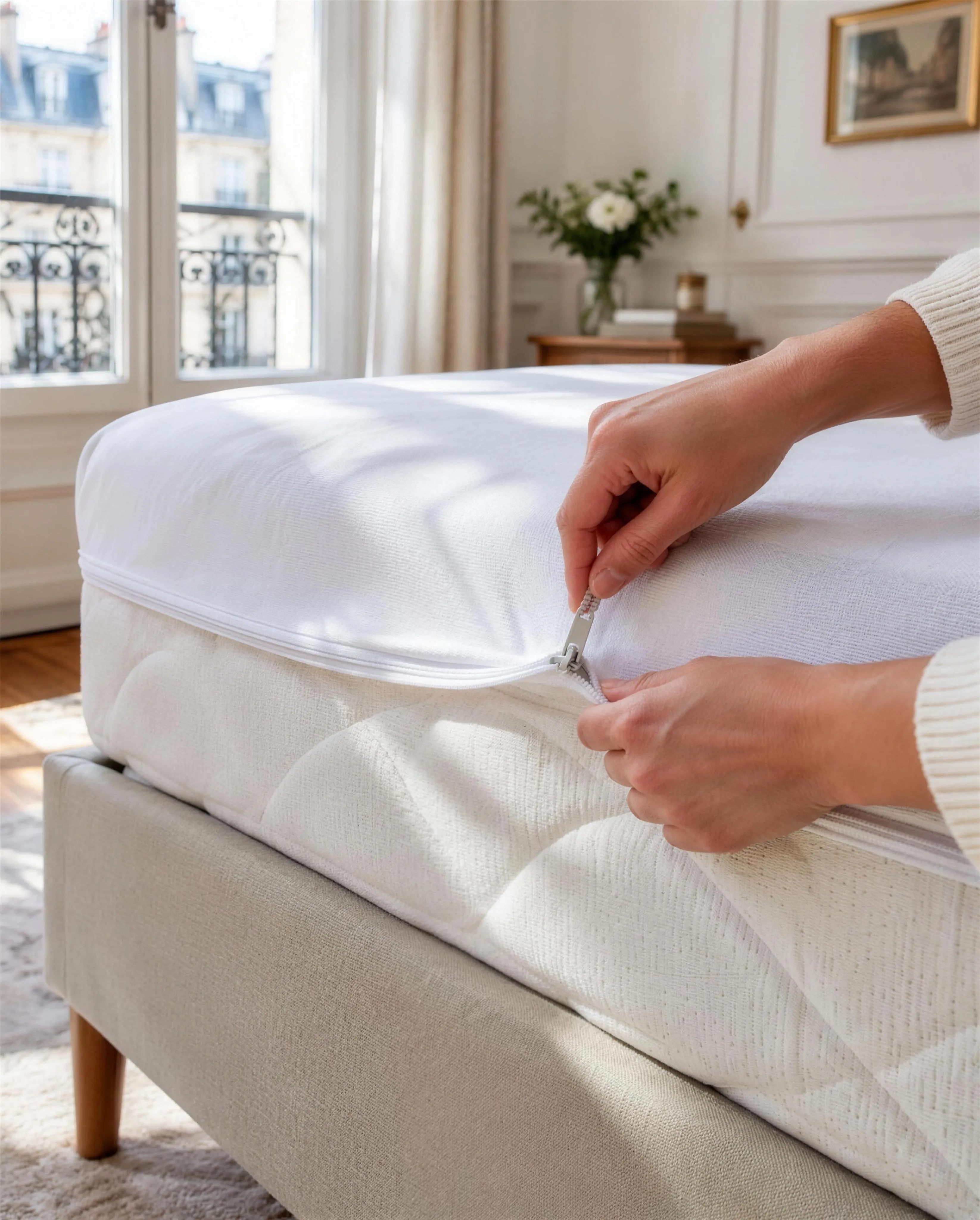 Mains refermant une housse de matelas intégrale zippée