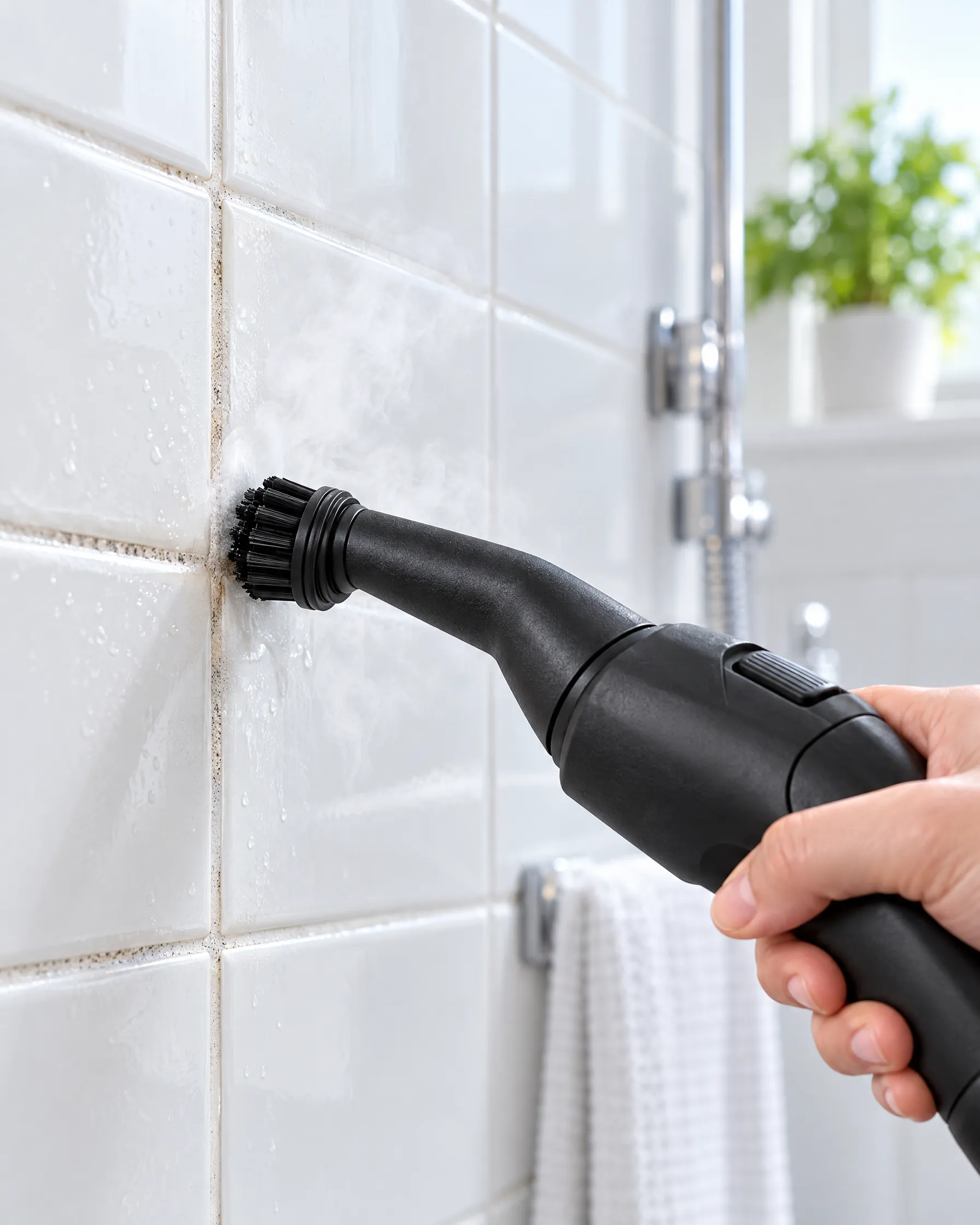 La brosse ronde en nylon sur les joints de carrelage d’une salle de bain