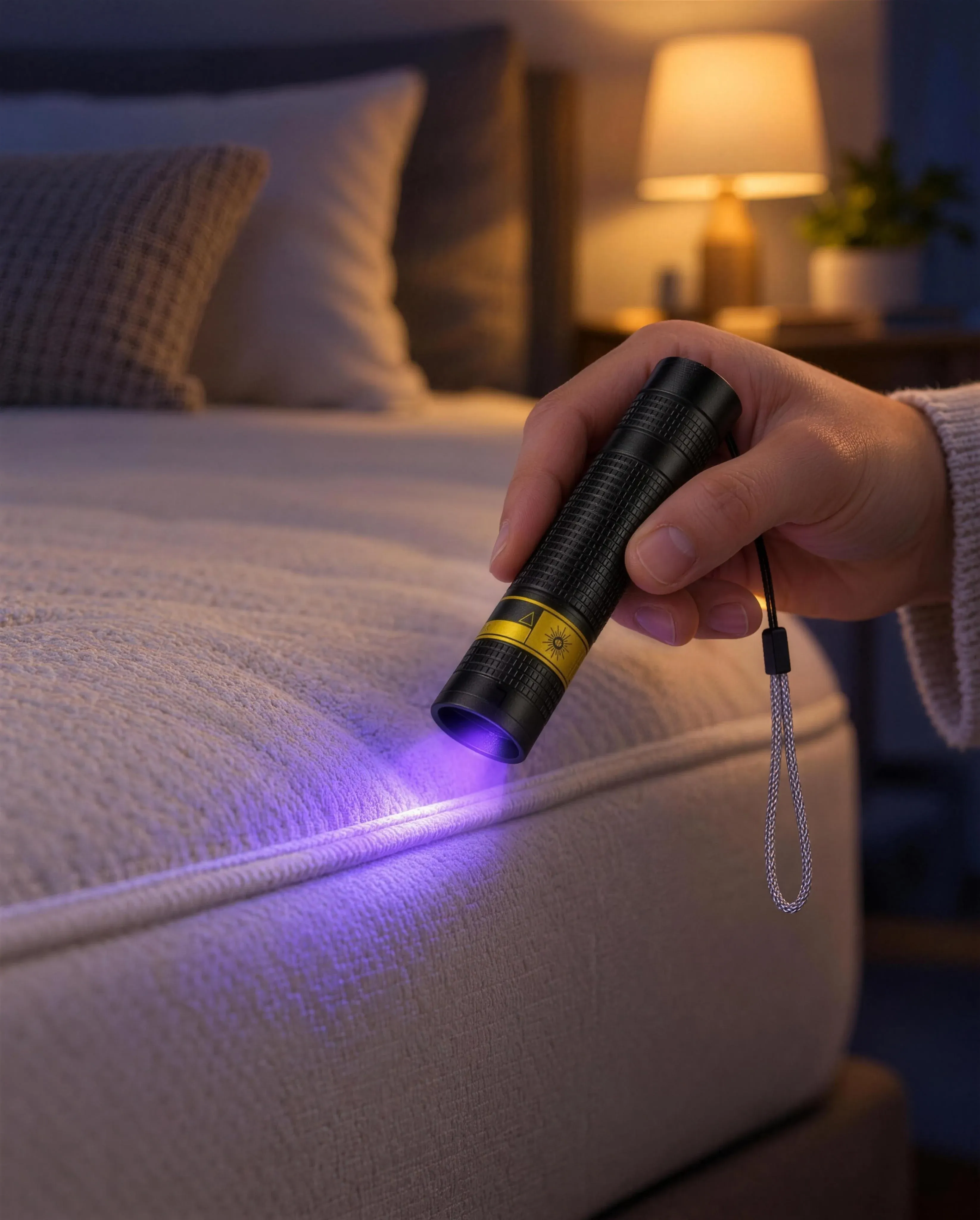 La lampe UV allumée le long de la couture d’un matelas, dans une chambre plongée dans la pénombre