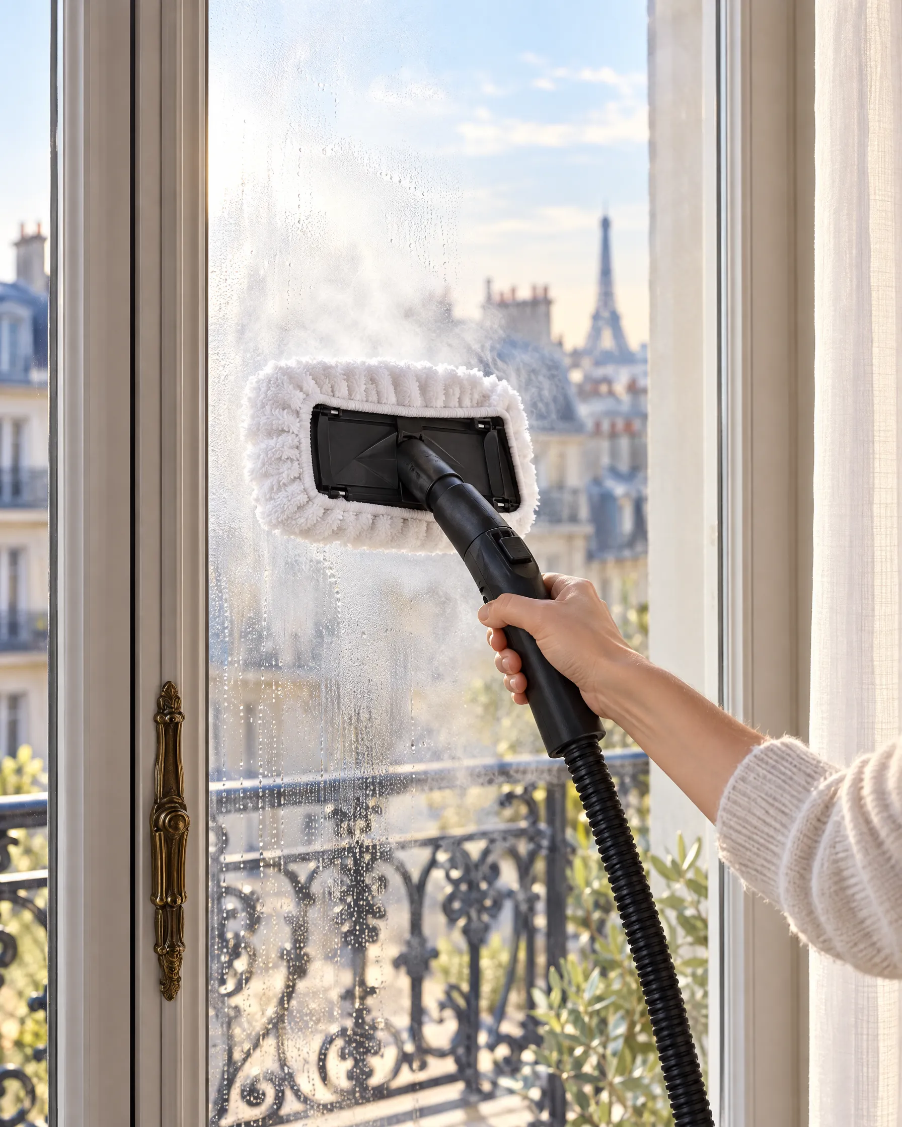La tête et sa bonnette passées sur la vitre d’une fenêtre parisienne
